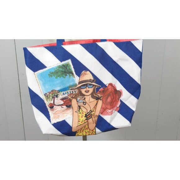 Tote Bag Shopping Beach Travel Cruise Striped Blue White Vespa Girl Vacation - Picture 2 of 5